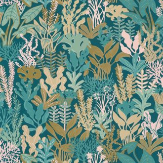   Gyönyörű tengeri növényvilág a tengerfenéken éjkék zöld rózsaszín és arany tónus fémes hatás tapéta