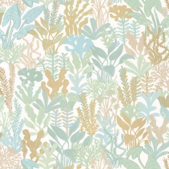   Gyönyörű tengeri növényvilág a tengerfenéken fehér vízzöld világosbarna vízkék és arany tónus fémes hatás tapéta