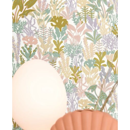 Gyönyörű tengeri növényvilág a tengerfenéken fehér zöld rózsaszín lila és arany tónus fémes hatás tapéta