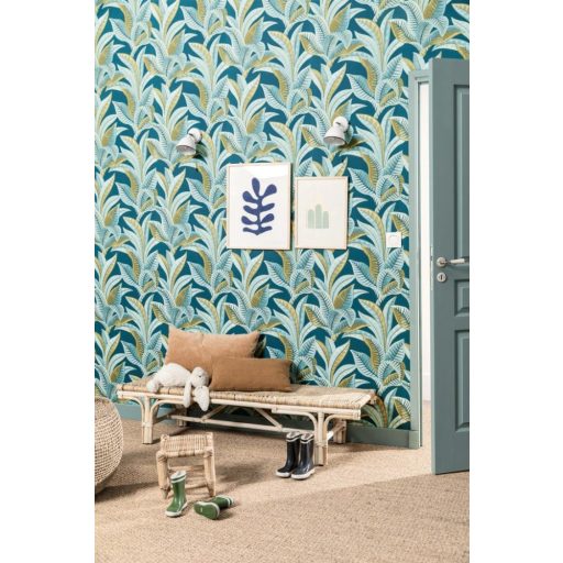 WOOW! Víz alatti impozáns levelek XXL megjeleítésben éjkék vízkék és zöld tónus fémes arany pöttyök a leveleken tapéta