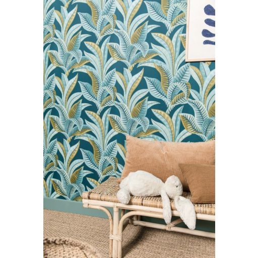 WOOW! Víz alatti impozáns levelek XXL megjeleítésben éjkék vízkék és zöld tónus fémes arany pöttyök a leveleken tapéta