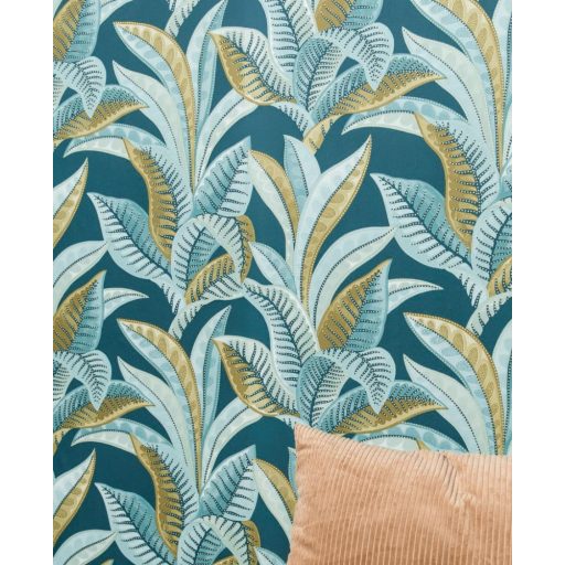 WOOW! Víz alatti impozáns levelek XXL megjeleítésben éjkék vízkék és zöld tónus fémes arany pöttyök a leveleken tapéta