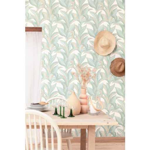 WOOW! Víz alatti impozáns levelek XXL megjeleítésben fehér víz/menta/zöld bézs tónus fémes arany pöttyök a leveleken tapéta