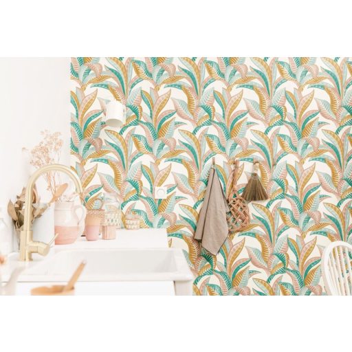 WOOW! Víz alatti impozáns levelek XXL megjeleítésben fehér zöld kék rózsaszín és arany tónus fémes arany pöttyök a leveleken tapéta