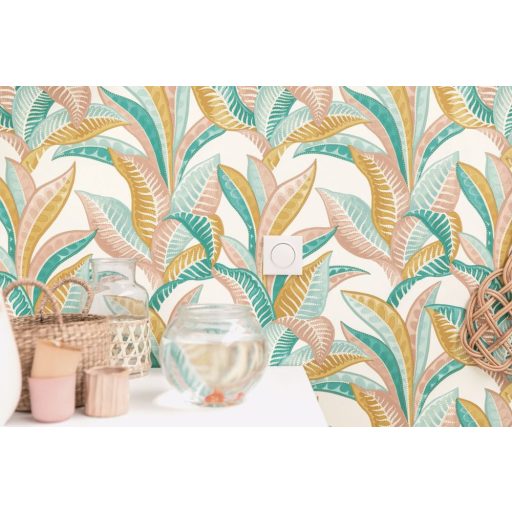 WOOW! Víz alatti impozáns levelek XXL megjeleítésben fehér zöld kék rózsaszín és arany tónus fémes arany pöttyök a leveleken tapéta