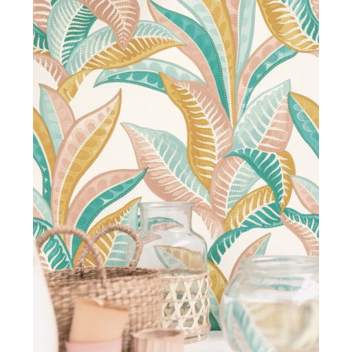 WOOW! Víz alatti impozáns levelek XXL megjeleítésben fehér zöld kék rózsaszín és arany tónus fémes arany pöttyök a leveleken tapéta