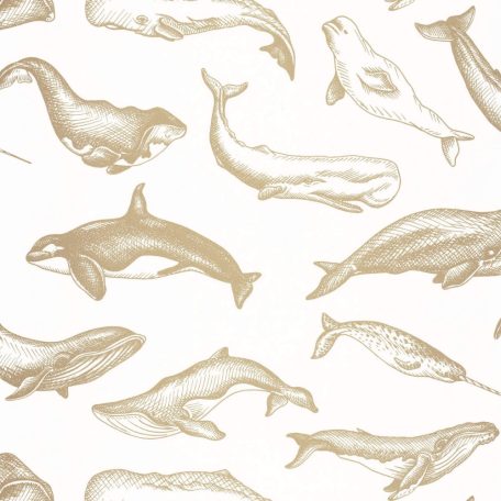Emblematikus motívum tengeri emlősökkel : bálna delfin és kardszárnyú delfin fehér és arany tónus fémes hatás tapéta