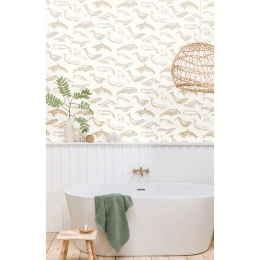 Emblematikus motívum tengeri emlősökkel : bálna delfin és kardszárnyú delfin fehér és arany tónus fémes hatás tapéta