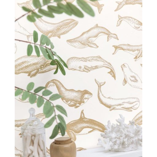 Emblematikus motívum tengeri emlősökkel : bálna delfin és kardszárnyú delfin fehér és arany tónus fémes hatás tapéta