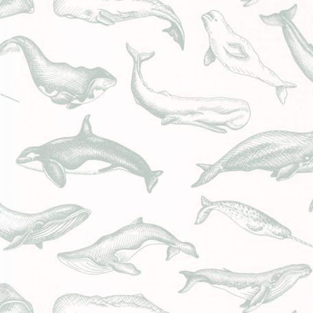 Emblematikus motívum tengeri emlősökkel : bálna delfin és kardszárnyú delfin fehér és vízzöld tónus tapéta