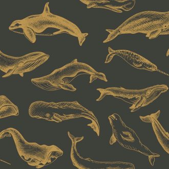   Emblematikus motívum tengeri emlősökkel : bálna delfin és kardszárnyú delfin fekete és arany tónus fémes hatás tapéta