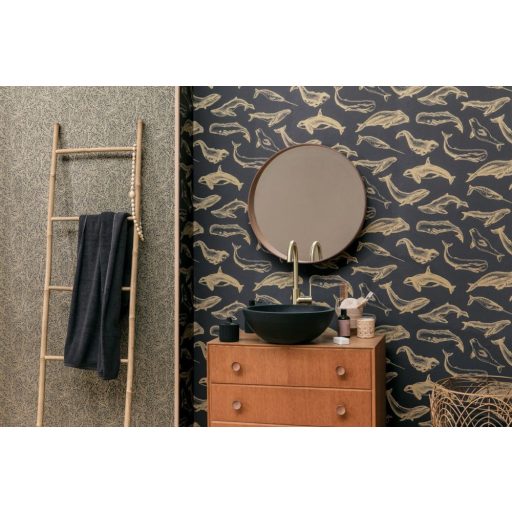 Emblematikus motívum tengeri emlősökkel : bálna delfin és kardszárnyú delfin fekete és arany tónus fémes hatás tapéta