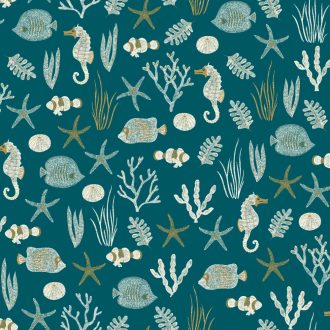   Ez mindent visz! Tengeri életkép csikóhalakkal korallokkal kagylókkal... kék fehér és arany tónus fémes hatás tapéta