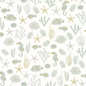   Ez mindent visz! Tengeri életkép csikóhalakkal korallokkal kagylókkal... fehér vízzöld és arany tónus fémes hatás tapéta