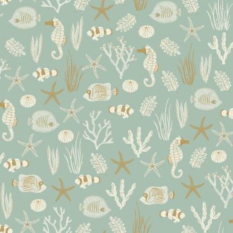   Ez mindent visz! Tengeri életkép csikóhalakkal korallokkal kagylókkal... vízzöld/vízkék fehér és arany tónus fémes hatás tapéta