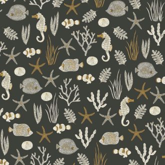   Ez mindent visz! Tengeri életkép csikóhalakkal korallokkal kagylókkal... fekete fehér és arany tónus fémes hatás tapéta