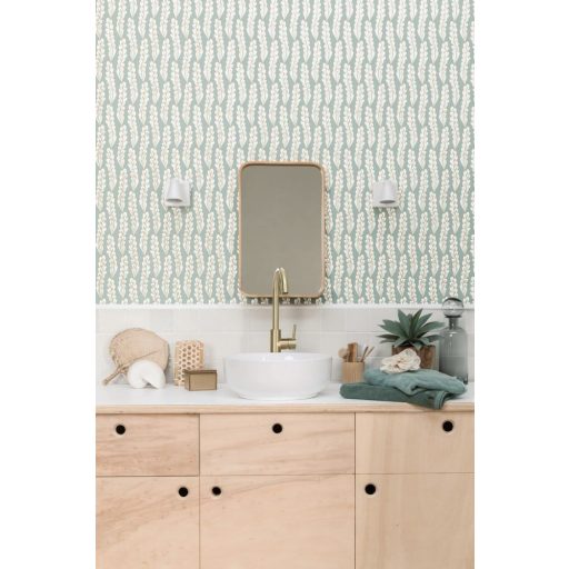 Kifinomult tengeri szépség - Apró algákból álló aranyozott minta vízzöld krémfehér és arany tónus fémes hatás tapéta