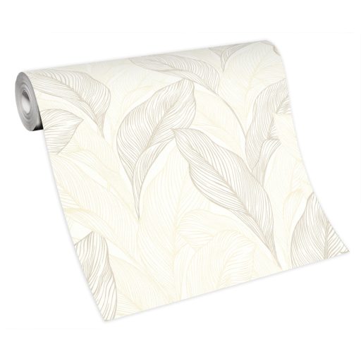 Grafikus megjelenítésű erezett csillogó levélminta krém és bézs tónus fémes hatás tapéta