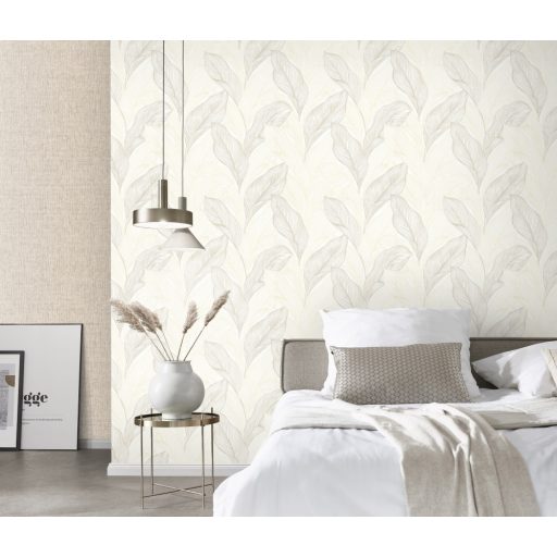 Grafikus megjelenítésű erezett csillogó levélminta krém és bézs tónus fémes hatás tapéta