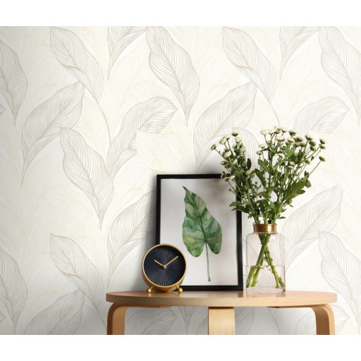 Grafikus megjelenítésű erezett csillogó levélminta krém és bézs tónus fémes hatás tapéta