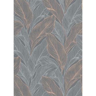   Grafikus megjelenítésű erezett csillogó levélminta sötétszürke ezüstszürke és vörösesbarna tónus fémes hatás tapéta