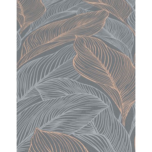 Grafikus megjelenítésű erezett csillogó levélminta sötétszürke ezüstszürke és vörösesbarna tónus fémes hatás tapéta