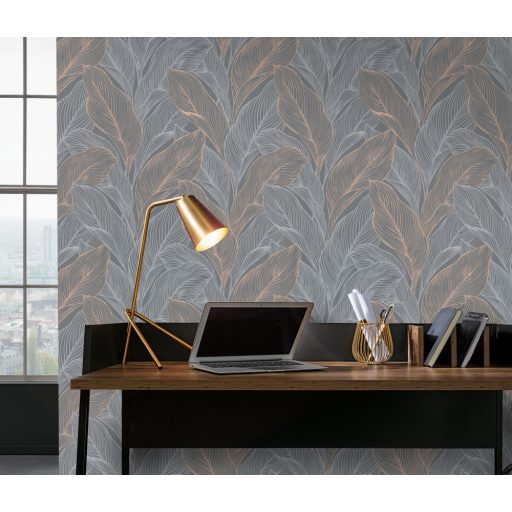 Grafikus megjelenítésű erezett csillogó levélminta sötétszürke ezüstszürke és vörösesbarna tónus fémes hatás tapéta