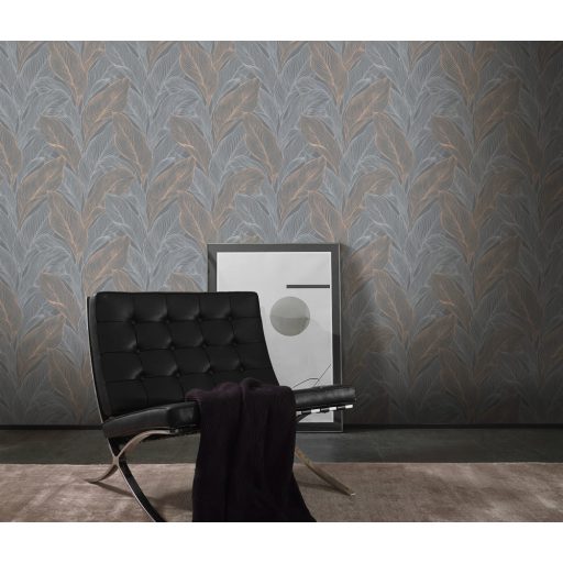 Grafikus megjelenítésű erezett csillogó levélminta sötétszürke ezüstszürke és vörösesbarna tónus fémes hatás tapéta