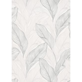   Grafikus megjelenítésű erezett csillogó levélminta krémfehér világos szürkésbézs és szüstszürke tónus fémes hatás tapéta