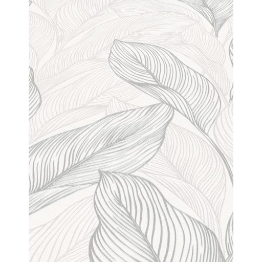 Grafikus megjelenítésű erezett csillogó levélminta krémfehér világos szürkésbézs és szüstszürke tónus fémes hatás tapéta