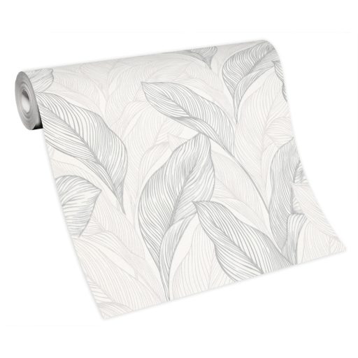 Grafikus megjelenítésű erezett csillogó levélminta krémfehér világos szürkésbézs és szüstszürke tónus fémes hatás tapéta