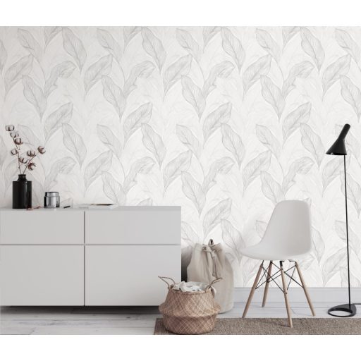 Grafikus megjelenítésű erezett csillogó levélminta krémfehér világos szürkésbézs és szüstszürke tónus fémes hatás tapéta