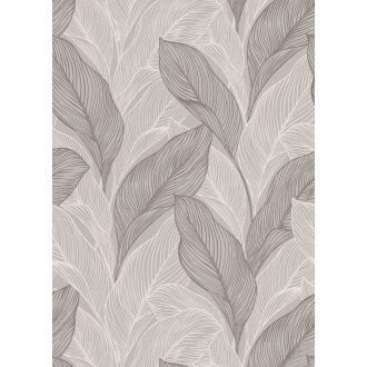   Grafikus megjelenítésű erezett csillogó levélminta szürkésbézs krém és szürkésbarna tónus fémes hatás tapéta