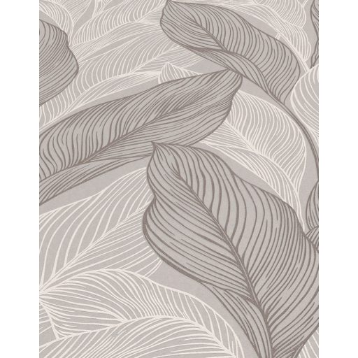 Grafikus megjelenítésű erezett csillogó levélminta szürkésbézs krém és szürkésbarna tónus fémes hatás tapéta