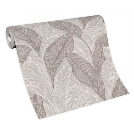 Grafikus megjelenítésű erezett csillogó levélminta szürkésbézs krém és szürkésbarna tónus fémes hatás tapéta