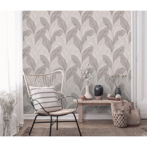 Grafikus megjelenítésű erezett csillogó levélminta szürkésbézs krém és szürkésbarna tónus fémes hatás tapéta
