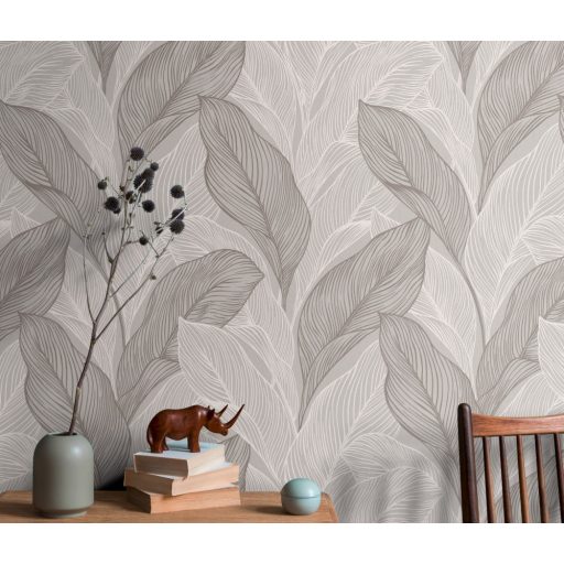 Grafikus megjelenítésű erezett csillogó levélminta szürkésbézs krém és szürkésbarna tónus fémes hatás tapéta
