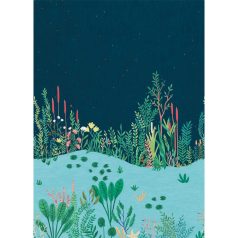   Csillagos égbolt alatti vízparti panoráma éjkék zöld kék korallszín tónus falpanel
