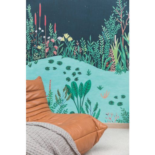 Csillagos égbolt alatti vízparti panoráma éjkék zöld kék korallszín tónus falpanel