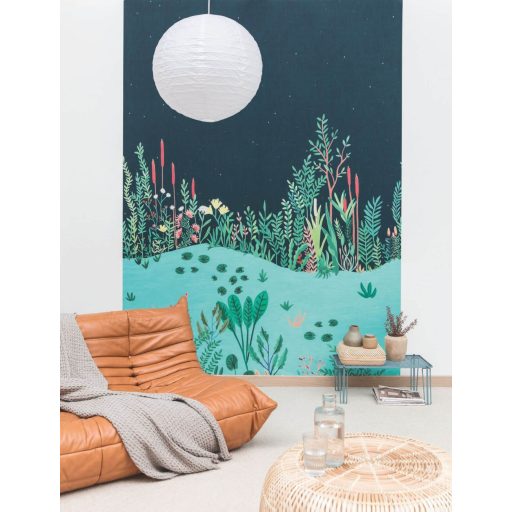 Csillagos égbolt alatti vízparti panoráma éjkék zöld kék korallszín tónus falpanel