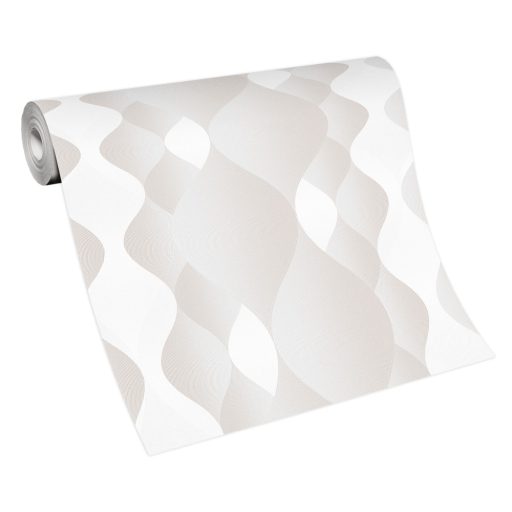 Változó méretű grafikai elemek dekoratív texturált hullámmintája fehér bézs és barna tónus fémes hatás tapéta