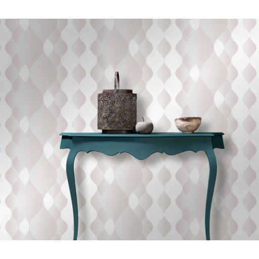 Változó méretű grafikai elemek dekoratív texturált hullámmintája fehér bézs és barna tónus fémes hatás tapéta