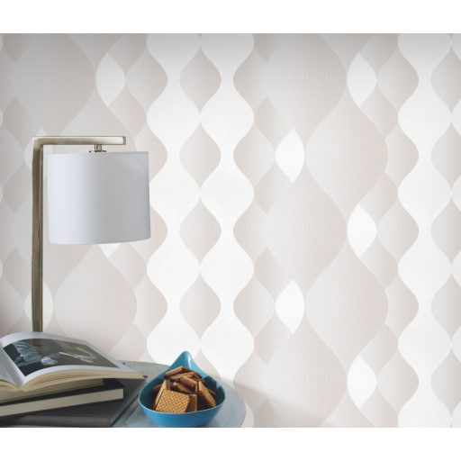 Változó méretű grafikai elemek dekoratív texturált hullámmintája fehér bézs és barna tónus fémes hatás tapéta