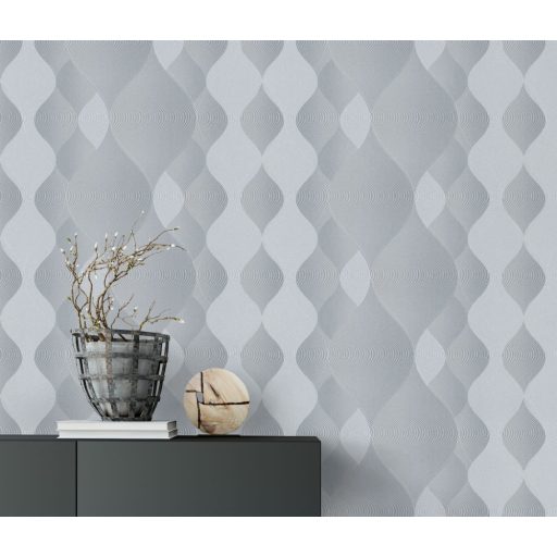 Változó méretű grafikai elemek dekoratív texturált hullámmintája szürke és ezüst tónus fémes hatás tapéta