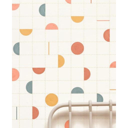 Körök és félkörök vonalak közé rendezve harmonikus geometrikus minta fehér szines fémes hatás tapéta