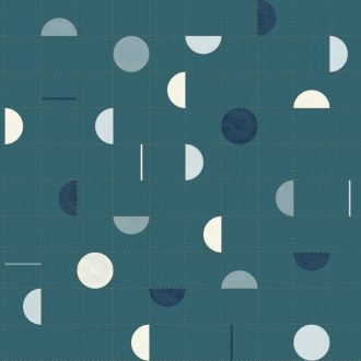   Körök és félkörök vonalak közé rendezve harmonikus geometrikus minta kék tónusok fehér petrol arany fémes hatás tapéta