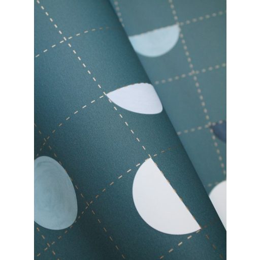 Körök és félkörök vonalak közé rendezve harmonikus geometrikus minta kék tónusok fehér petrol arany fémes hatás tapéta