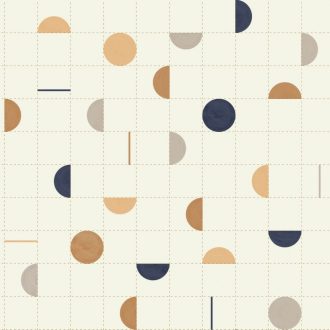   Körök és félkörök vonalak közé rendezve harmonikus geometrikus minta fehér éjkék bézs narancs arany fémes hatás tapéta
