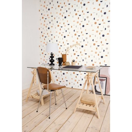 Körök és félkörök vonalak közé rendezve harmonikus geometrikus minta fehér éjkék bézs narancs arany fémes hatás tapéta