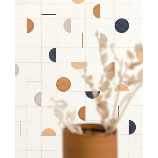 Körök és félkörök vonalak közé rendezve harmonikus geometrikus minta fehér éjkék bézs narancs arany fémes hatás tapéta